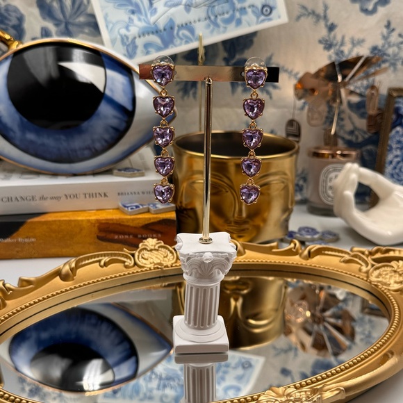 🆕 OSCAR DE LA RENTA 🧿 NWOT Crystal Embellished Amethyst Heart Drop Earrings - Picture 15 of 16